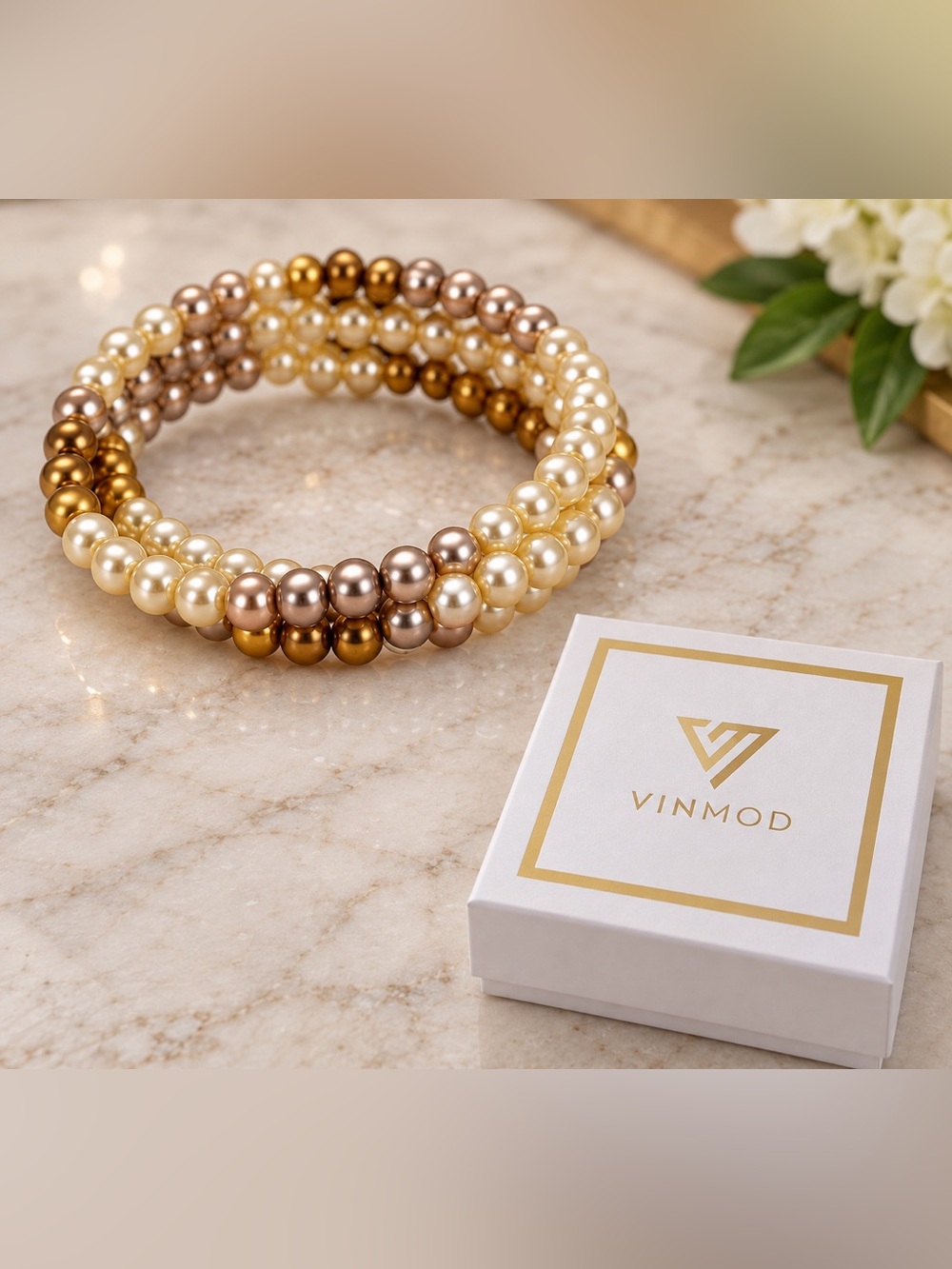 Vintage Faux Pearl Hombre Beads Upcycled - VINMOD Designs Wire Bracelet
